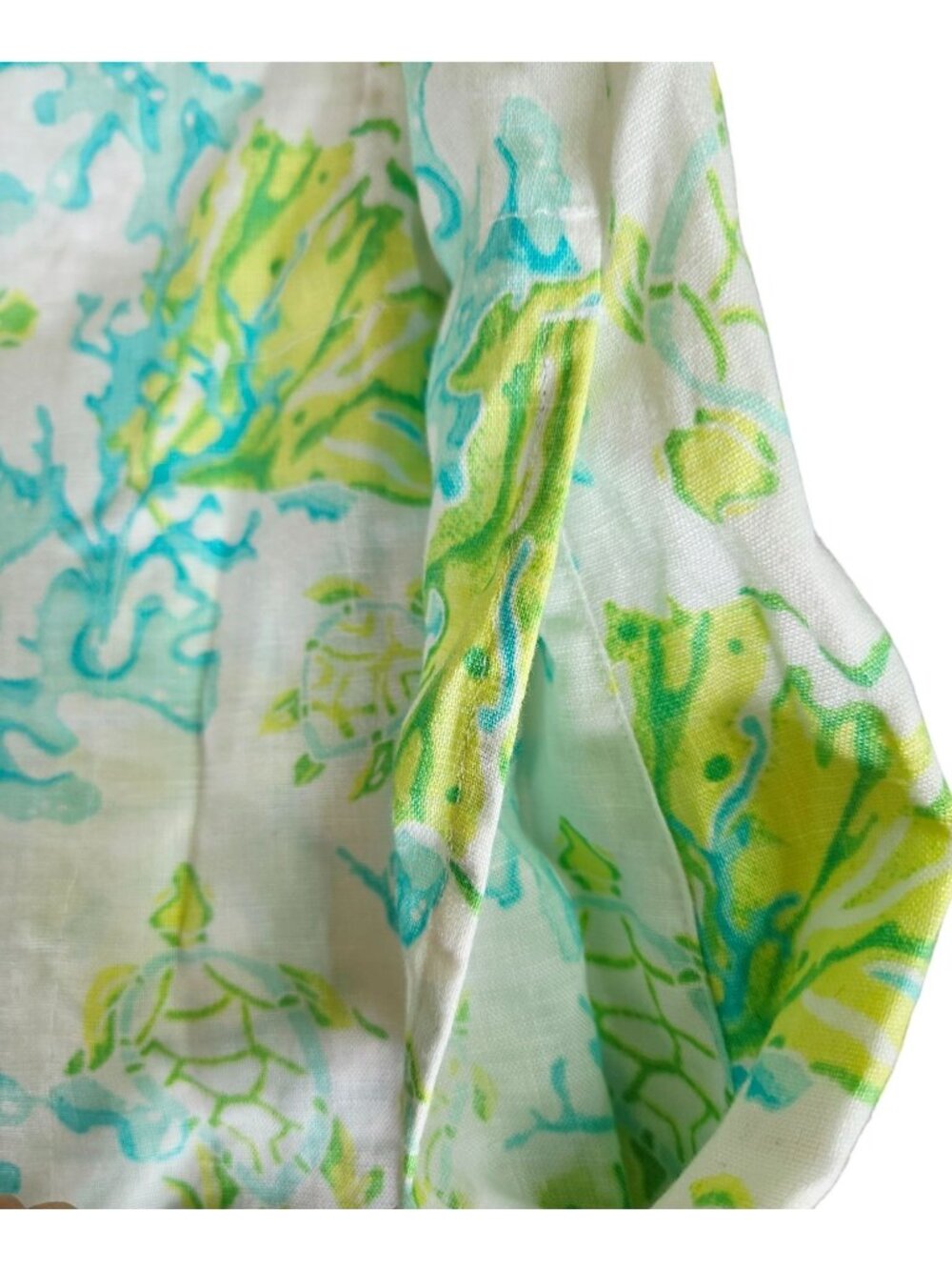 J. Jill Love Linen Sleeveless V-Neck Dress XL Petite Green Aqua Sea Turtle Print - Picture 7 of 13